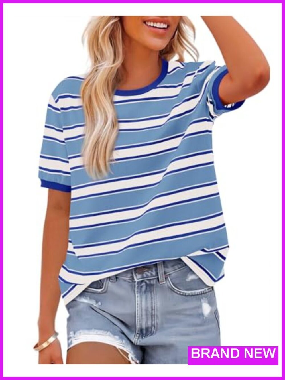 Striped Crewneck Short Sleeve T-Shirt Loose Fit Lightweight Color Block Tee